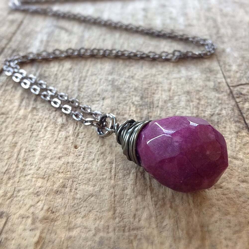 Garnet January Birthstone Necklace Wire Wrapped Faceted Glass Teardrop Charm